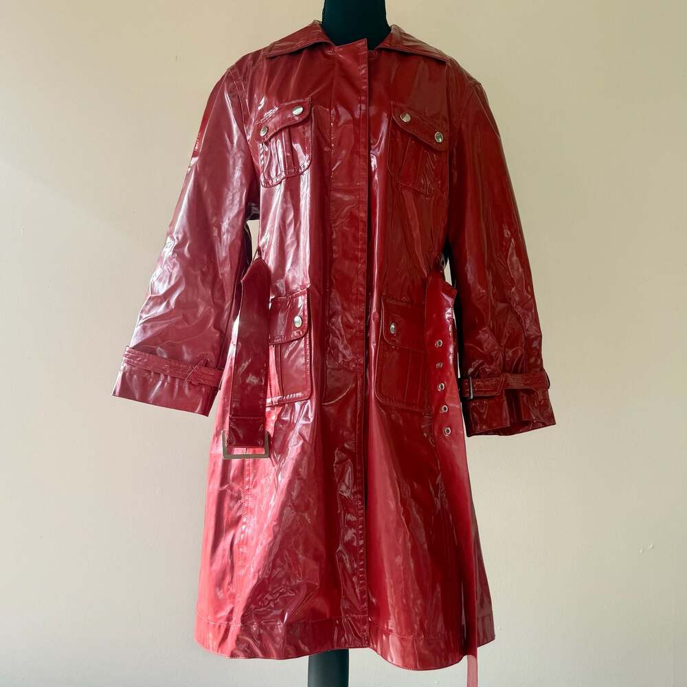 Vintage Y2K Trilogi Red Vinyl Trench Waterproof Raincoat